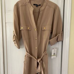 Tan Button-Up Belted Dress